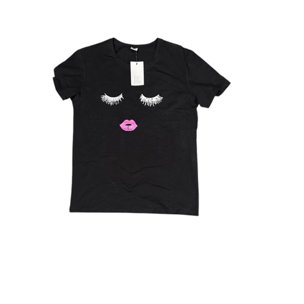 Eyelashes and  Lips Custom Stretch Pull Over‎ Black T-Shirt. Large. NWT